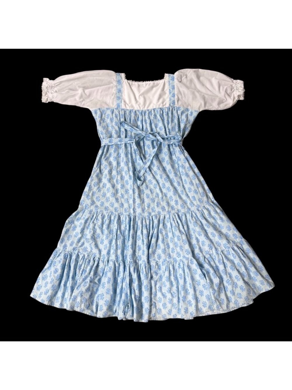 Vintage Handmade Blue Floral Prairie Dress Puff Sleeves Belt Cottagecore Hippie - Picture 3 of 4